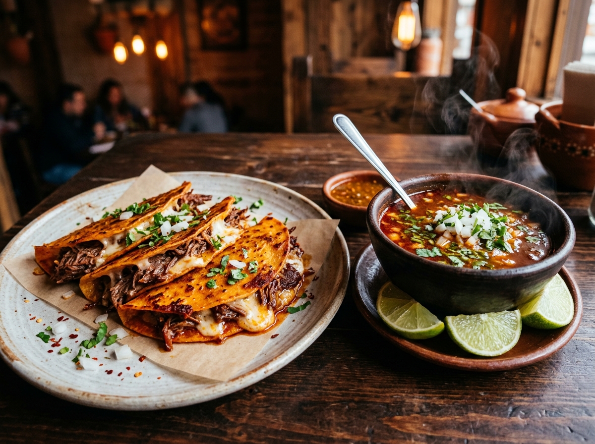 Quesabirrias con consomé de Balam Tacos